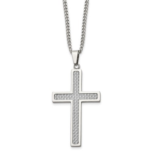 Chisel Stainless Steel Polished Necklace with Grey Carbon Fiber Inlay Large Cross Pendant on a Curb Chain, 20"