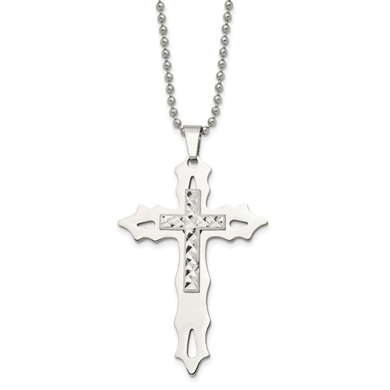 Chisel Stainless Steel Polished with Sterling Silver Inlay Cross Pendant on a 20 inch Ball Chain Necklace