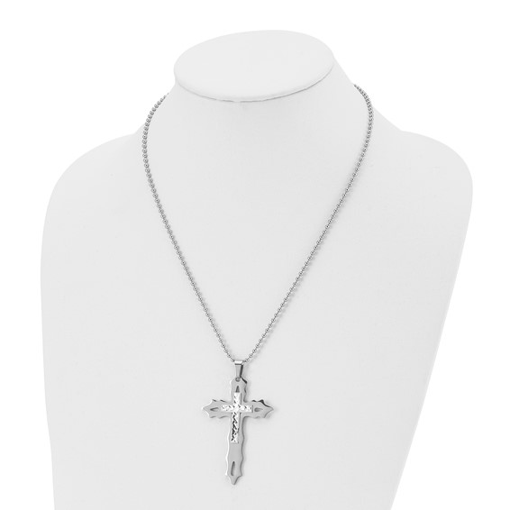 Chisel Stainless Steel Polished with Sterling Silver Inlay Cross Pendant on a 20 inch Ball Chain Necklace