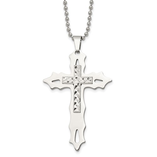 Chisel Stainless Steel Polished Necklace with Sterling Silver Inlay Cross Pendant on a Ball Chain, 20"