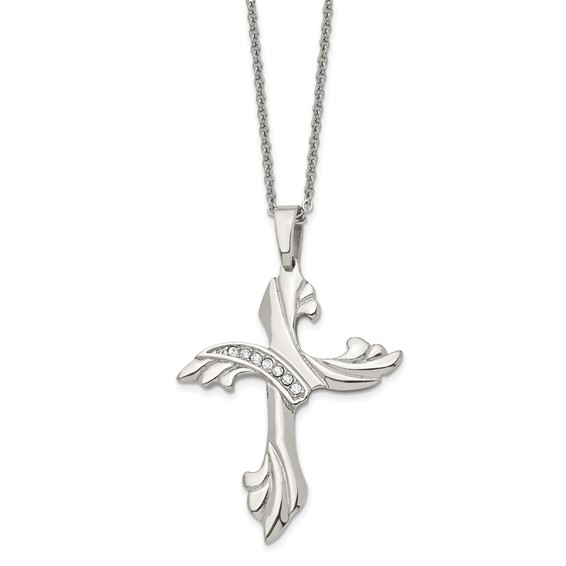 Chisel Stainless Steel Polished with CZ Swirl Cross Pendant on a 20 inch Cable Chain Necklace