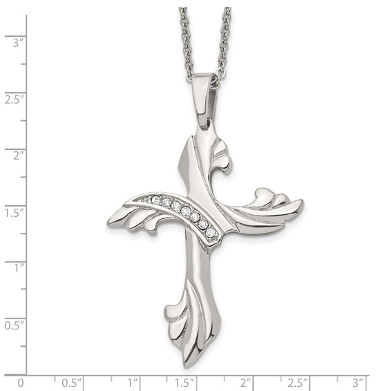 Chisel Stainless Steel Polished with CZ Swirl Cross Pendant on a 20 inch Cable Chain Necklace