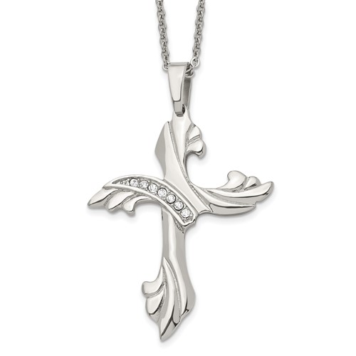 Chisel Stainless Steel Polished Necklace with CZ Swirl Cross Pendant on a Cable Chain, 20"