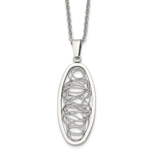 Stainless Steel Polished Wire Designed Oval Necklace, 18"