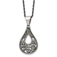 Chisel Stainless Steel Antiqued, Polished and Textured Marcasite Teardrop Pendant on a Singapore Chain Necklace, 20" view 1