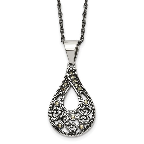 Chisel Stainless Steel Antiqued, Polished and Textured Marcasite Teardrop Pendant on a Singapore Chain Necklace, 20"