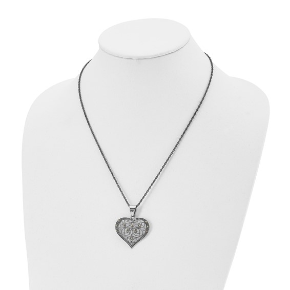 Chisel Stainless Steel Antiqued and Polished with Marcasite Heart Pendant on a 20 inch Singapore Chain Necklace