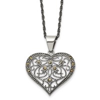 Chisel Stainless Steel Antiqued and Polished Necklace with Marcasite Heart Pendant on a Singapore Chain, 20" view 1
