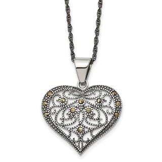 Chisel Stainless Steel Antiqued and Polished with Marcasite Heart Pendant on a 20 inch Singapore Chain Necklace