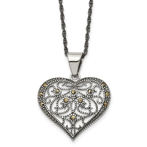 Chisel Stainless Steel Antiqued and Polished Necklace with Marcasite Heart Pendant on a Singapore Chain, 20"