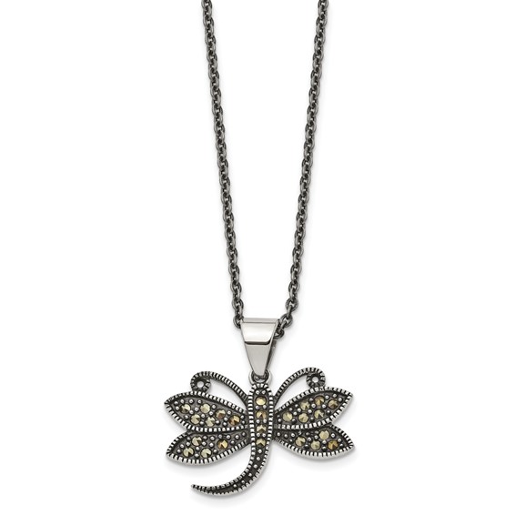Chisel Stainless Steel Antiqued and Polished with Marcasite Dragonfly Pendant on an 18 inch Cable Chain Necklace