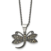 Chisel Stainless Steel Antiqued and Polished Necklace with Marcasite Dragonfly Pendant on an Cable Chain, 18" view 1