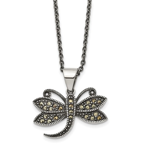 Chisel Stainless Steel Antiqued and Polished Necklace with Marcasite Dragonfly Pendant on an Cable Chain, 18"