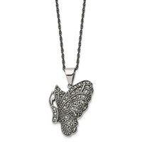 Chisel Stainless Steel Antiqued and Polished Necklace with Marcasite Butterfly Pendant on a Singapore Chain, 20" view 3