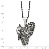 Chisel Stainless Steel Antiqued and Polished Necklace with Marcasite Butterfly Pendant on a Singapore Chain, 20" view 5