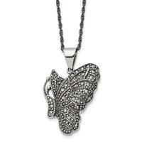 Chisel Stainless Steel Antiqued and Polished Necklace with Marcasite Butterfly Pendant on a Singapore Chain, 20" view 1