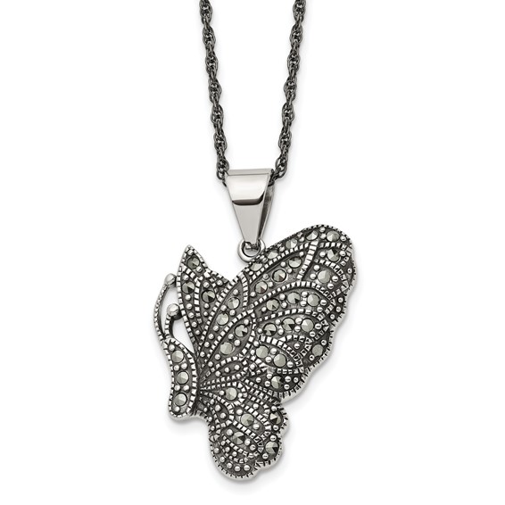 Chisel Stainless Steel Antiqued and Polished with Marcasite Butterfly Pendant on a 20 inch Singapore Chain Necklace