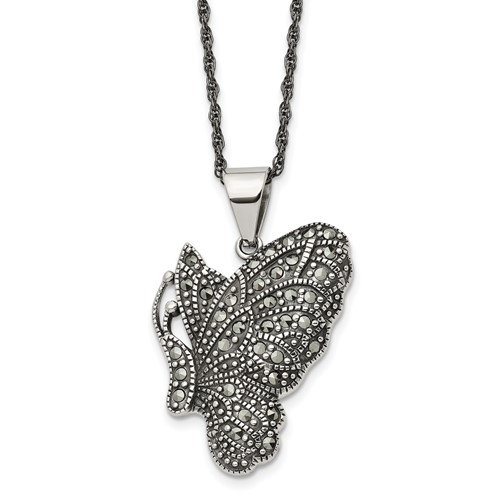 Chisel Stainless Steel Antiqued and Polished Necklace with Marcasite Butterfly Pendant on a Singapore Chain, 20"