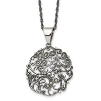Chisel Stainless Steel Antiqued and Polished Marcasite Circle Pendant on a Singapore Chain Necklace, 20" view 1