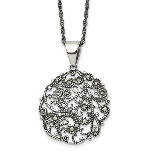 Chisel Stainless Steel Antiqued and Polished Marcasite Circle Pendant on a Singapore Chain Necklace, 20"