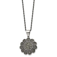 Stainless Steel Antiqued and Polished Marcasite Flower Necklace, 20" view 3