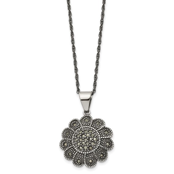 Stainless Steel Antiqued and Polished Marcasite Flower 20in Necklace