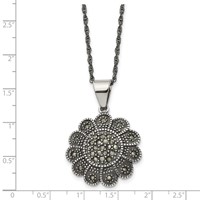 Stainless Steel Antiqued and Polished Marcasite Flower Necklace, 20" view 5