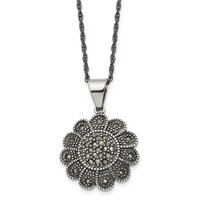 Stainless Steel Antiqued and Polished Marcasite Flower Necklace, 20" view 1