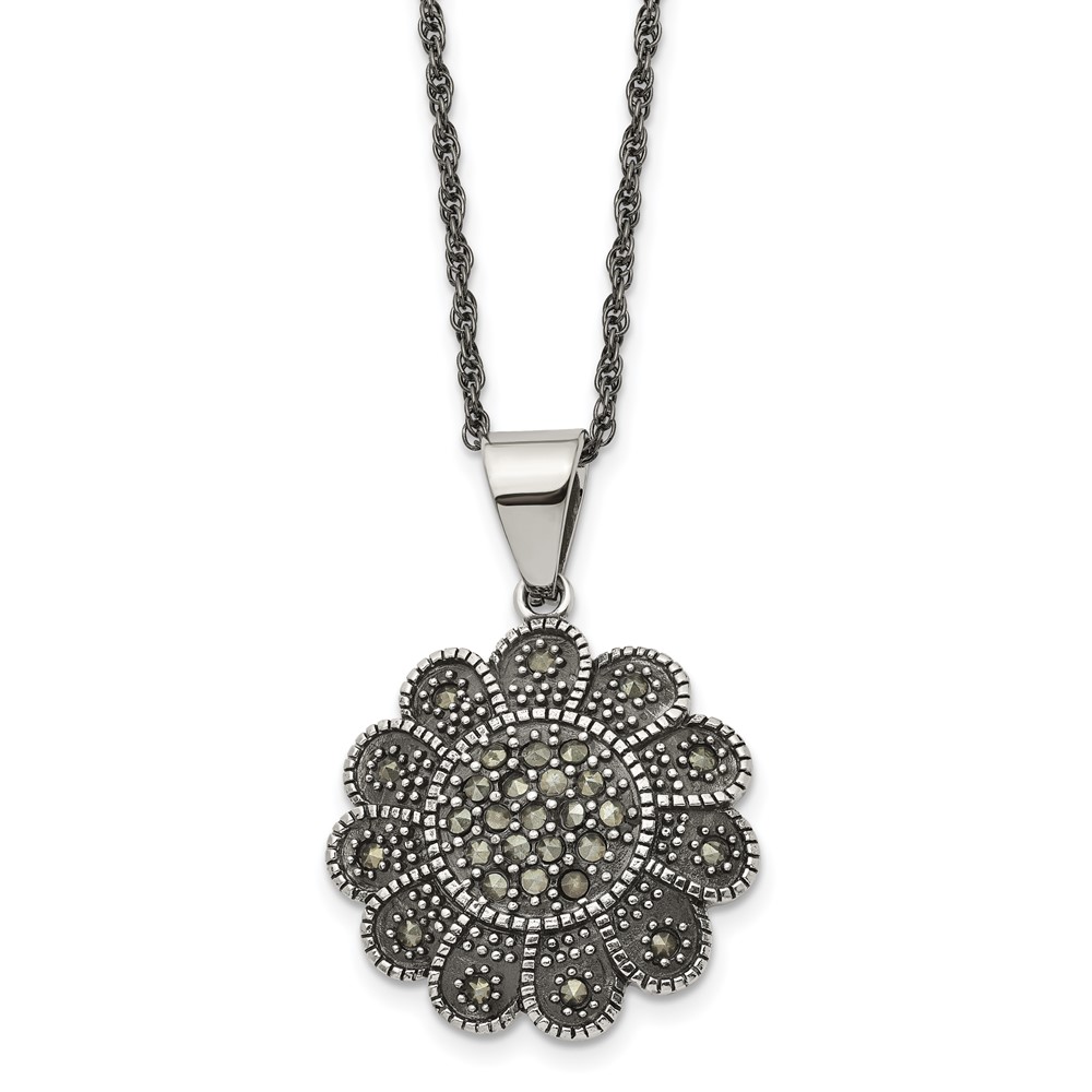 Stainless Steel Antiqued and Polished Marcasite Flower 20in Necklace