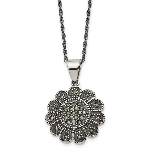 Stainless Steel Antiqued and Polished Marcasite Flower Necklace, 20"