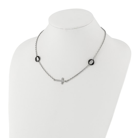 Stainless Steel & Black Ceramic Polished Sideways CZ Cross Necklace