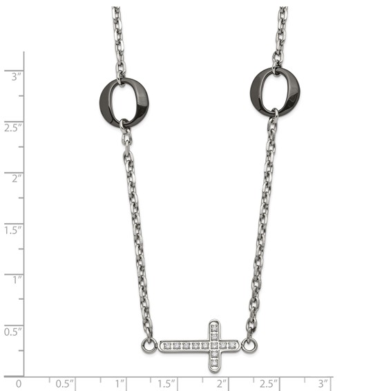 Stainless Steel & Black Ceramic Polished Sideways CZ Cross Necklace