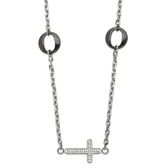 Stainless Steel & Black Ceramic Polished Sideways CZ Cross Necklace