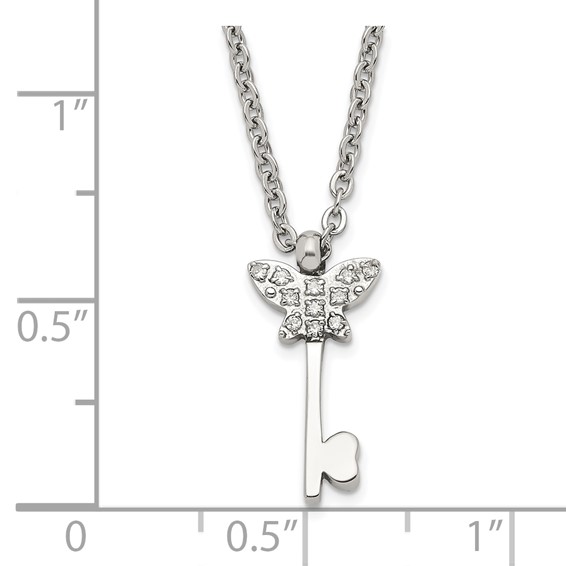 Stainless Steel Polished CZ Butterfly Key with 2 inch ext Necklace