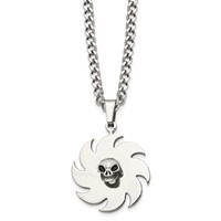 Stainless Steel Polished Necklace with Black Enamel Saw Blade with Skull, 24" view 1