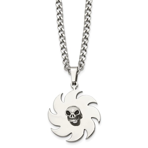 Stainless Steel Polished Necklace with Black Enamel Saw Blade with Skull, 24"