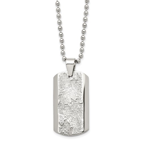 Stainless Steel Polished and Textured Dog Tag Necklace, 24"