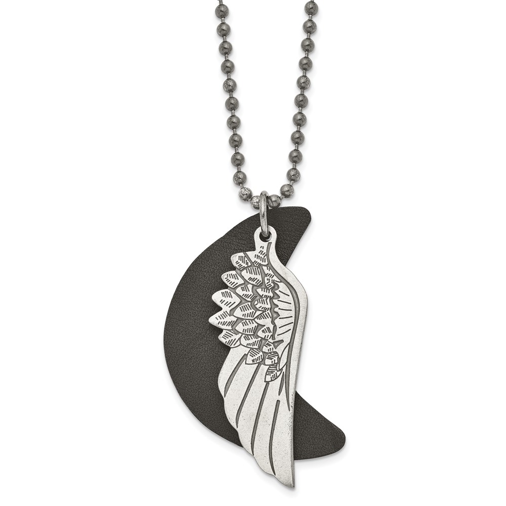 Stainless Steel Brushed Wing w/Leather Moon Black IP 26.5in Necklace