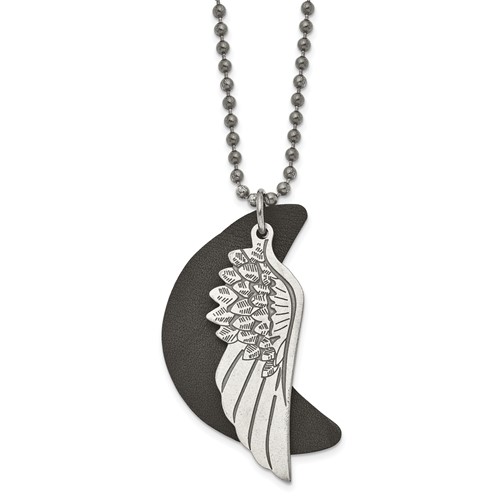 Stainless Steel Brushed Wing Necklace with Leather Moon Black IP, 26.5"