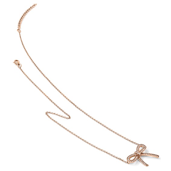 Stainless Steel Polished Rose IP-plated Crystal Bow w/1.75in ext Necklace