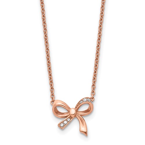 Stainless Steel Polished Rose IP-plated Necklace with CZ Bow with Ext, 1.75"