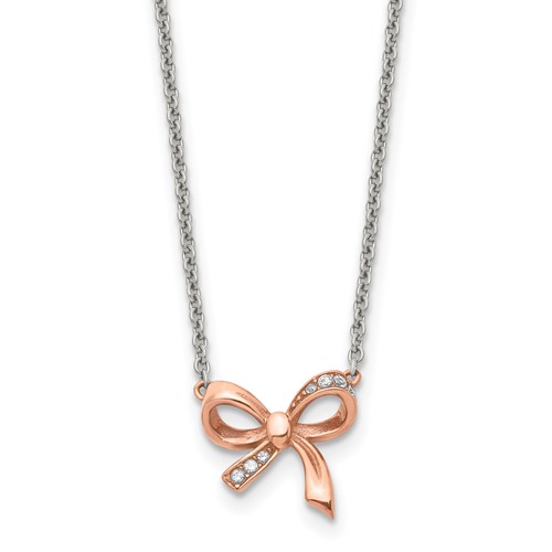 Stainless Steel Polished Rose IP-plated Necklace with CZ Bow with Ext, 1.75"