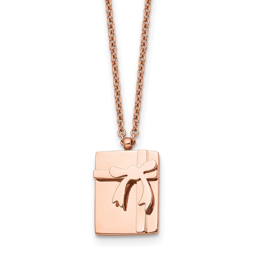 Stainless Steel Polished Rose IP-plated Gift & Bow Necklace with Ext, 2.5"