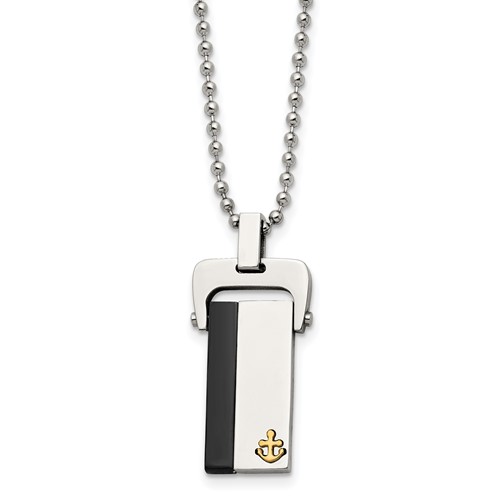 Stainless Steel Polished Yellow & Black IP-plated Dog Tag Necklace, 20"