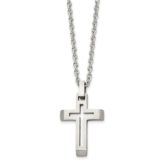 Chisel Stainless Steel Brushed and Polished Cut-out Cross Pendant on a 20 inch Cable Chain Necklace