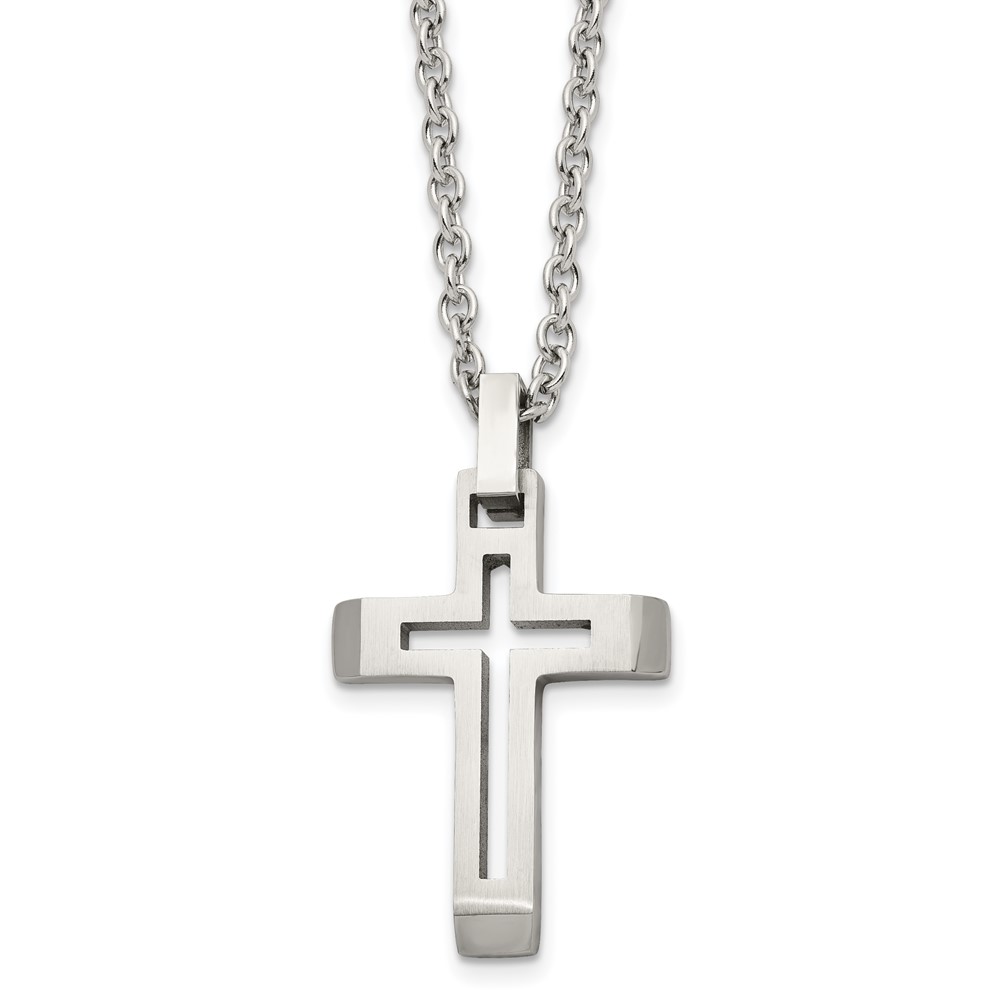 Stainless Steel Brushed and Polished Cut-out Cross 20in Necklace