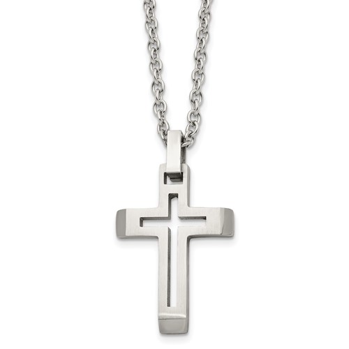 Chisel Stainless Steel Brushed and Polished Cut-out Cross Pendant on a Cable Chain Necklace - 20in