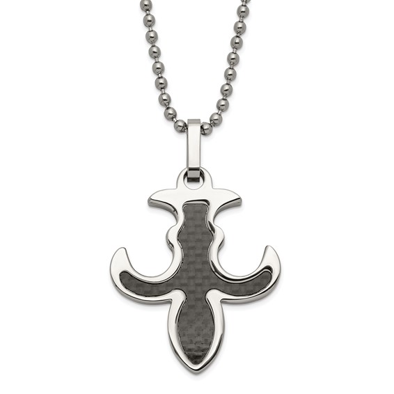 Stainless Steel Polished Black Carbon Fiber Inlay Fleur de Lis Necklace