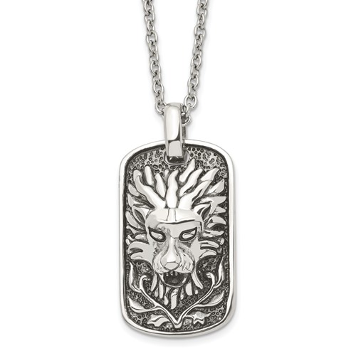 Chisel Stainless Steel Antiqued and Polished Mystical Lion Dog Tag on a Cable Chain Necklace, 22"