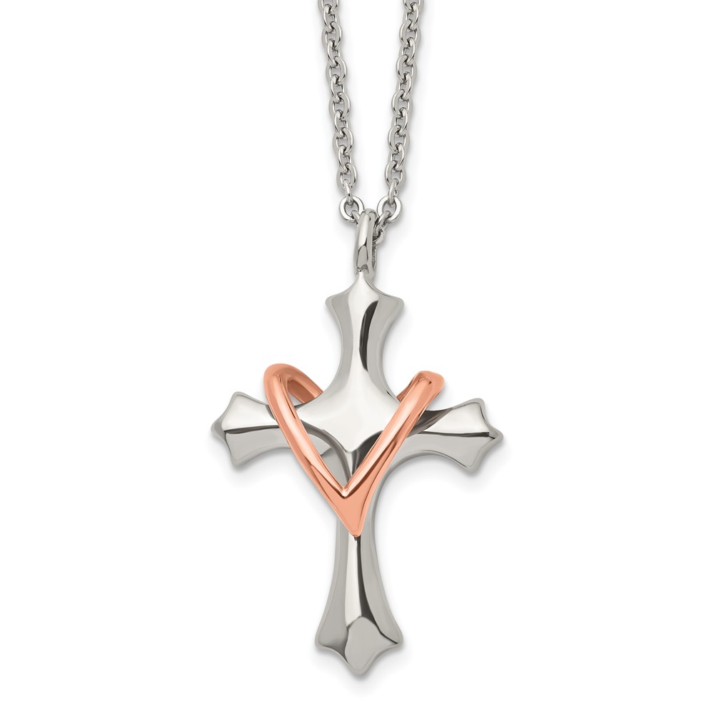 Stainless Steel Polished Rose IP-plated Cross 22in Necklace